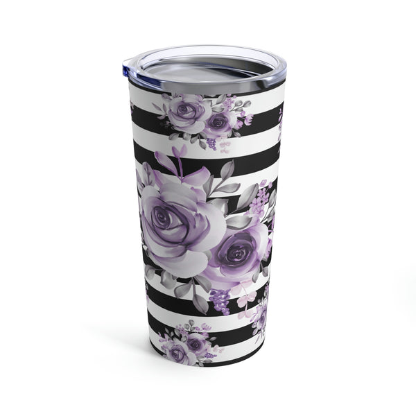 Tumbler 20oz-Soft Purple Floral-Black Horizontal Stripes-White