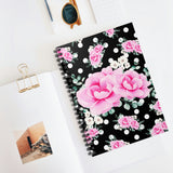 Small Spiral Notebook, 6x8in-Magenta Pink Floral-White Polka Dots-Black
