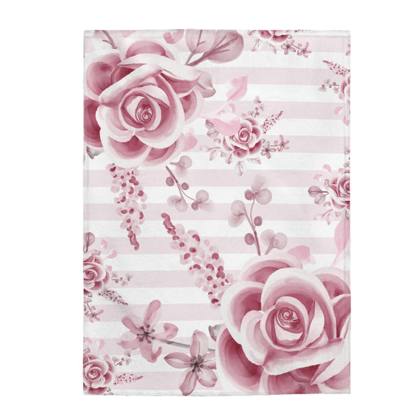 Velveteen Plush Blanket-Soft Pink Floral Mauve-Horizontal Stripes-White