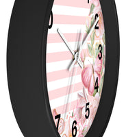 Wall Clock-Pink Floral Butterflies-Pink Horizontal Stripes