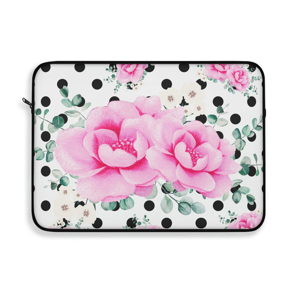 Laptop Sleeve-Magenta Pink Floral-Black Polka Dots-White