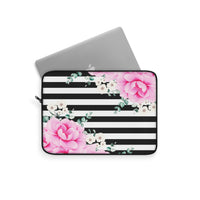 Laptop Sleeve-Magenta Pink-Floral Bash-Black Horizontal Stripes-White