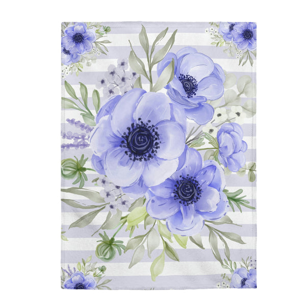 Velveteen Plush Blanket-Soft Blue Floral-Soft Blue Horizontal Stripes-White