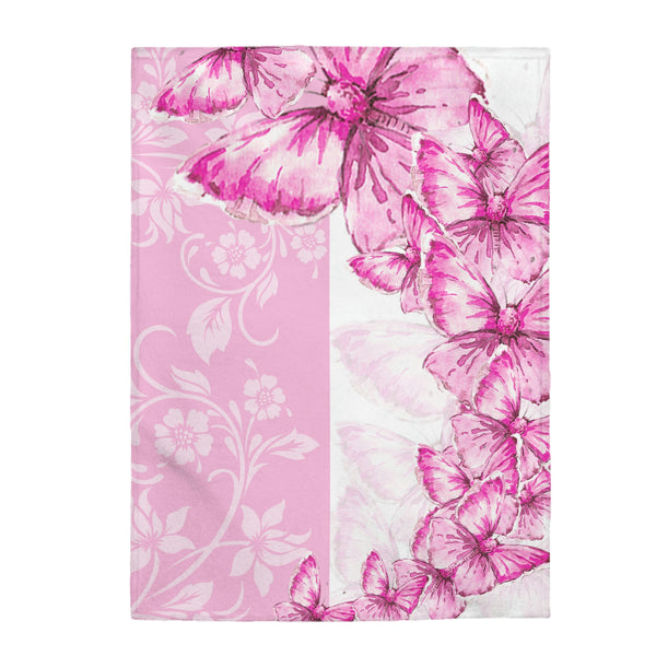Velveteen Plush Blanket-Pink Butterfly Duo-White