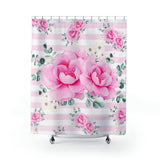 Shower Curtains-Magenta Pink Floral-Pink Horizontal Stripes-White