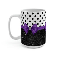 Coffee Mug 15oz-Glam Purple Bow-Black Polka Dots-Black Glitter
