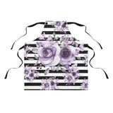 Apron-Soft Purple Floral-Black Horizontal Stripes-White