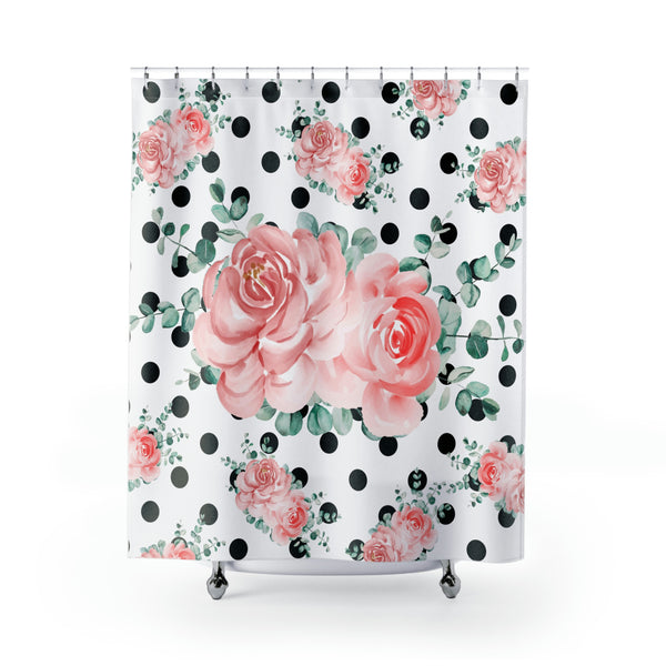 Shower Curtains-Lush Pink Floral-Black Polka Dots-White