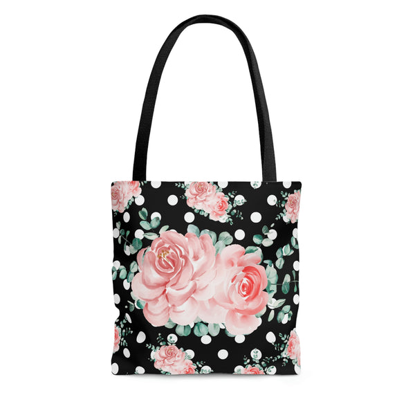 Tote Bag-Lush Pink Floral-White Polka Dots-Black