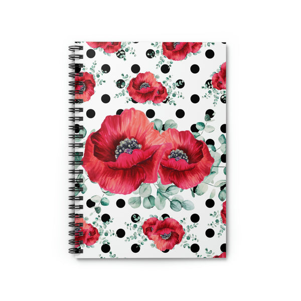Small Spiral Notebook, 6x8in-Rouge Red Floral-Black Polka Dots-White