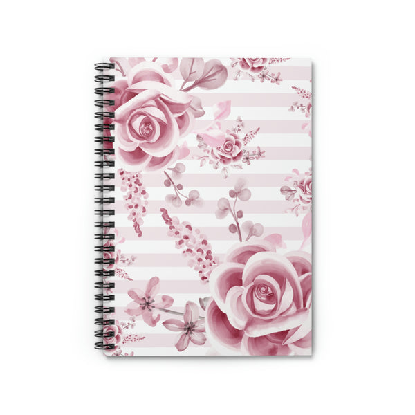Small Spiral Notebook, 6x8in-Soft Pink Floral Mauve-Horizontal Stripes-White