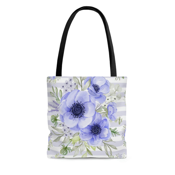 Tote Bag-Soft Blue Floral-Soft Blue Horizontal Stripes-White