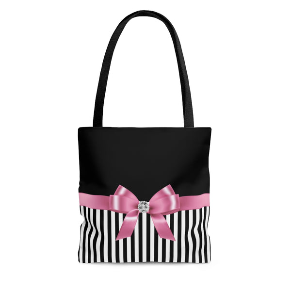 Tote Bag-Glam Pink Bow-Black White Pinstripes-Black