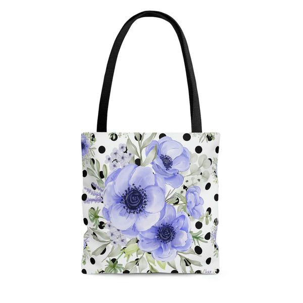 Tote Bag-Soft Blue Floral-Black Polka Dots-White