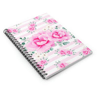 Small Spiral Notebook, 6x8in-Magenta Pink Floral-Pink Horizontal Stripes-White