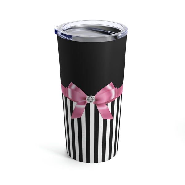 Tumbler 20oz-Glam Pink Bow-Black White Pinstripes-Black