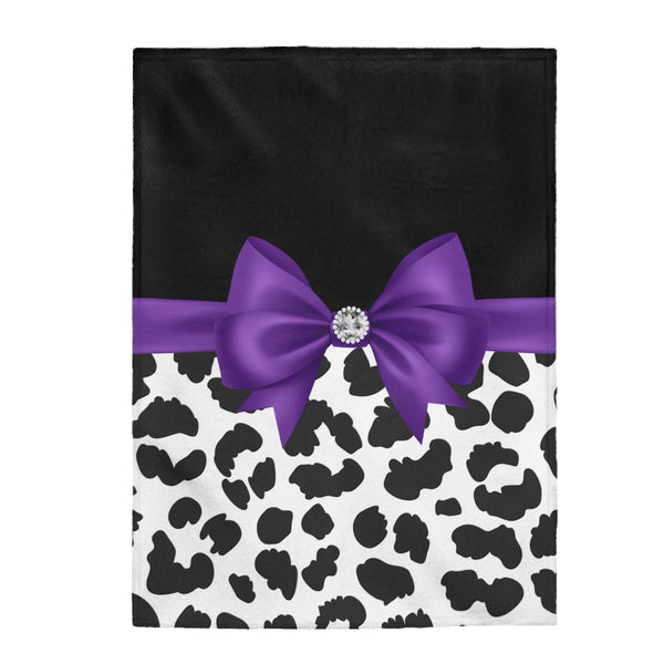 Velveteen Plush Blanket-Glam Purple Bow-Snow Leopard-Black