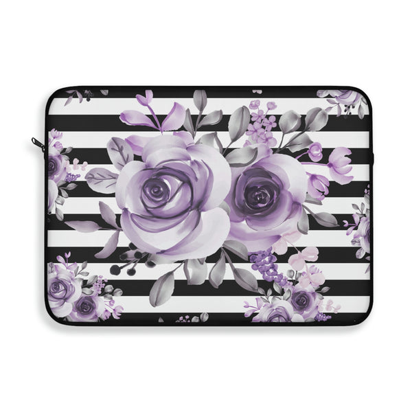 Laptop Sleeve-Soft Purple Floral-Black Horizontal Stripes-White
