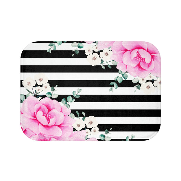 Bath Mat-Magenta Pink-Floral Bash-Black Horizontal Stripes-White
