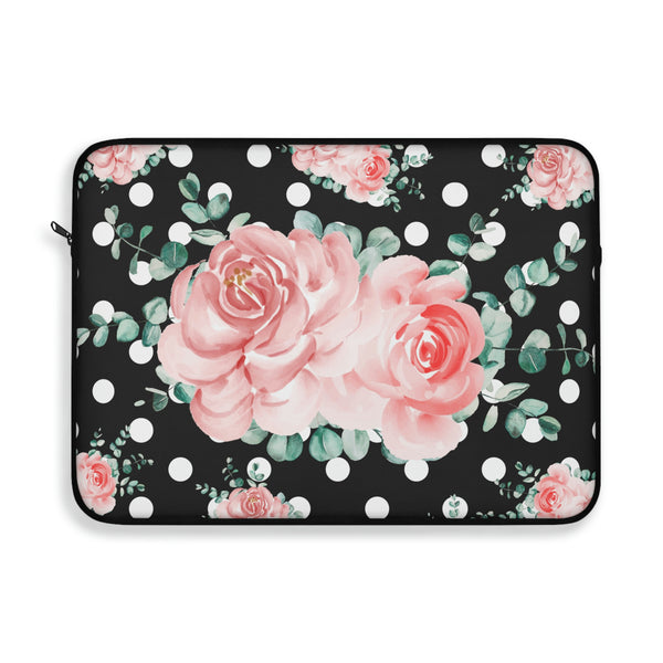 Laptop Sleeve-Lush Pink Floral-White Polka Dots-Black