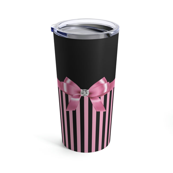 Tumbler 20oz-Glam Pink Bow-Black Pink Pinstripes-Black