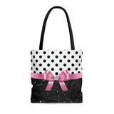 Tote Bag-Glam Pink Bow-Black Polka Dots-Black Glitter