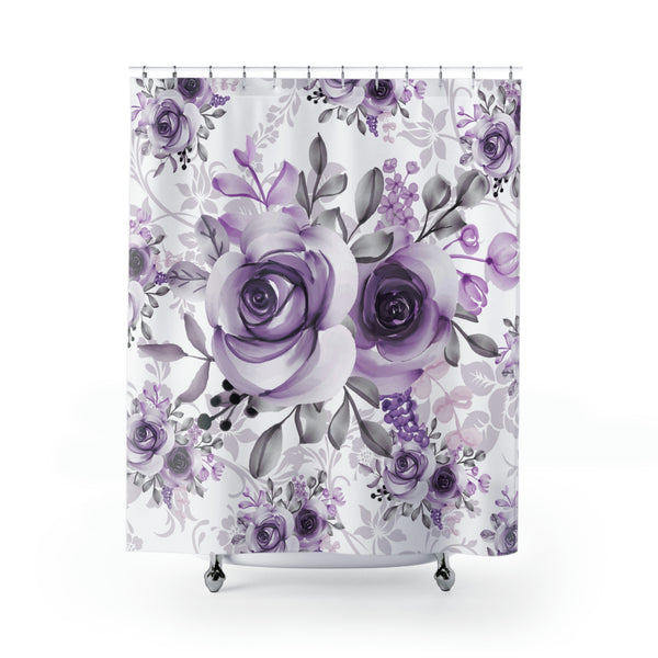 Shower Curtains-Soft Purple-Floral Stencil-White