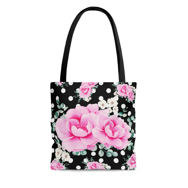 Tote Bag-Magenta Pink Floral-White Polka Dots-Black