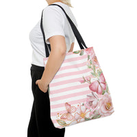 Tote Bag-Pink Floral Butterflies-Pink Horizontal Stripes