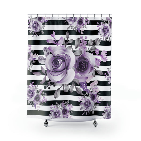 Shower Curtains-Soft Purple Floral-Black Horizontal Stripes-White
