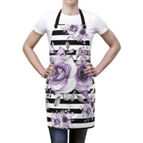 Apron-Soft Purple Floral-Black Horizontal Stripes-White