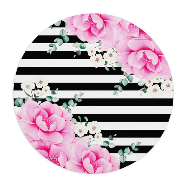 Mouse Pad-Magenta Pink-Floral Bash-Black Horizontal Stripes-White