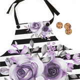 Apron-Soft Purple Floral-Black Horizontal Stripes-White