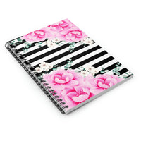 Small Spiral Notebook, 6x8in-Magenta Pink-Floral Bash-Black Horizontal Stripes-White