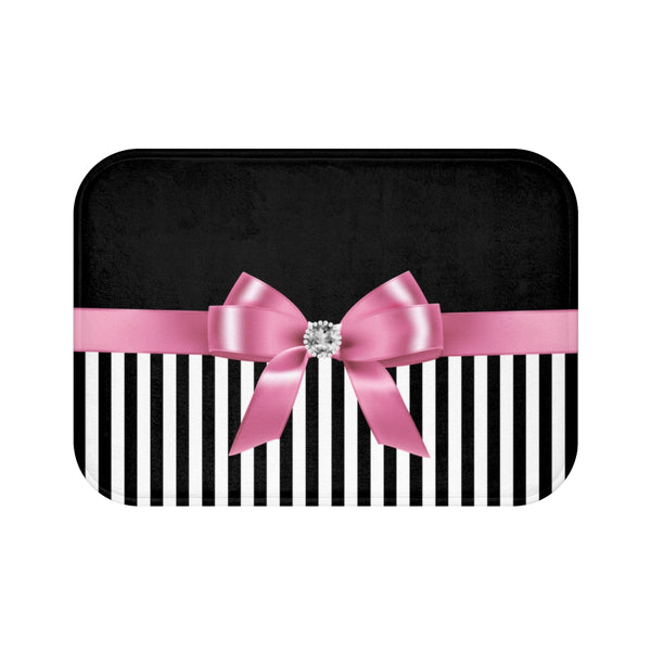Bath Mat-Glam Pink Bow-Black White Pinstripes-Black