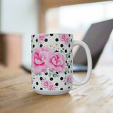 Coffee Mug 15oz-Magenta Pink Floral-Black Polka Dots-White