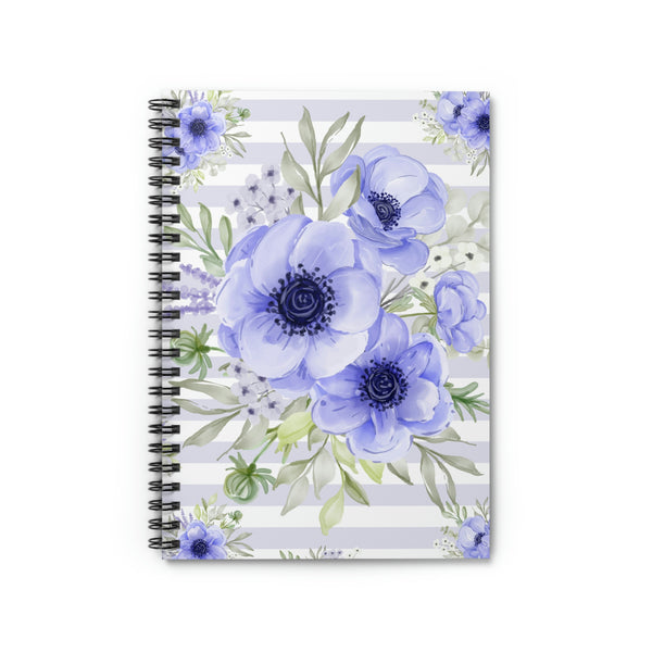 Small Spiral Notebook, 6x8in-Soft Blue Floral-Soft Blue Horizontal Stripes-White