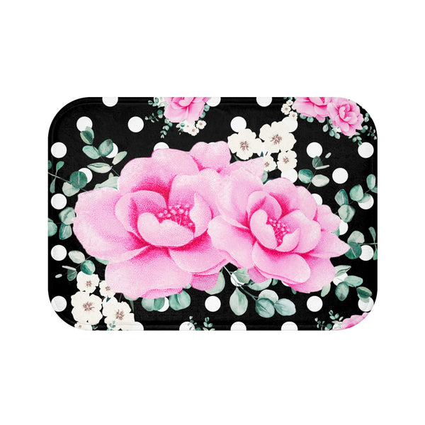 Bath Mat-Magenta Pink Floral-White Polka Dots-Black