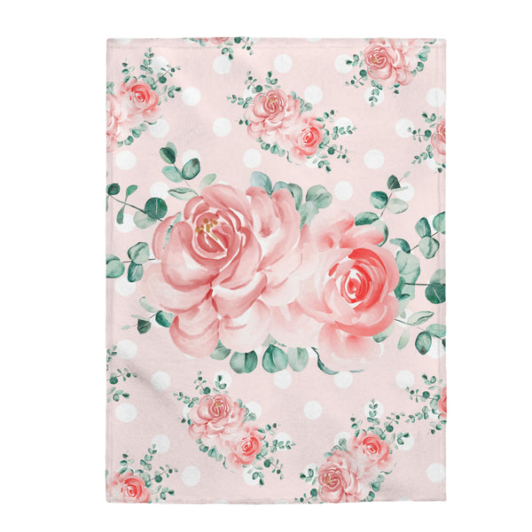 Velveteen Plush Blanket-Lush Pink Floral-White Polka Dots-Pink