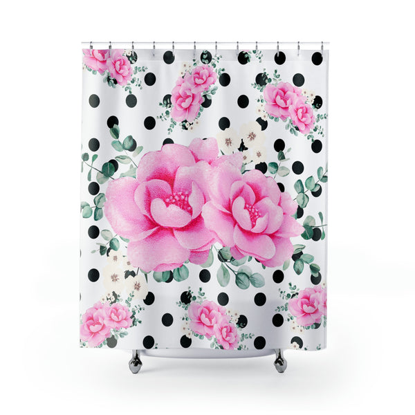Shower Curtains-Magenta Pink Floral-Black Polka Dots-White