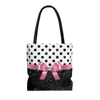 Tote Bag-Glam Pink Bow-Black Polka Dots-Black Glitter