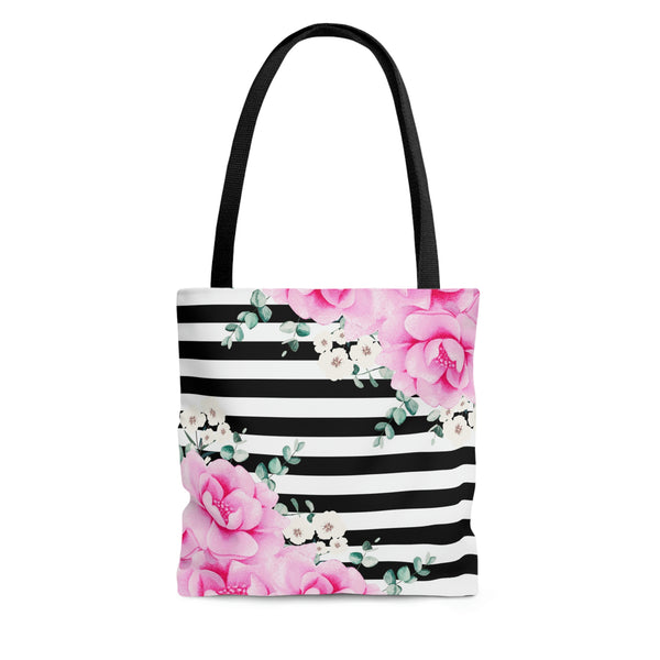 Tote Bag-Magenta Pink-Floral Bash-Black Horizontal Stripes-White