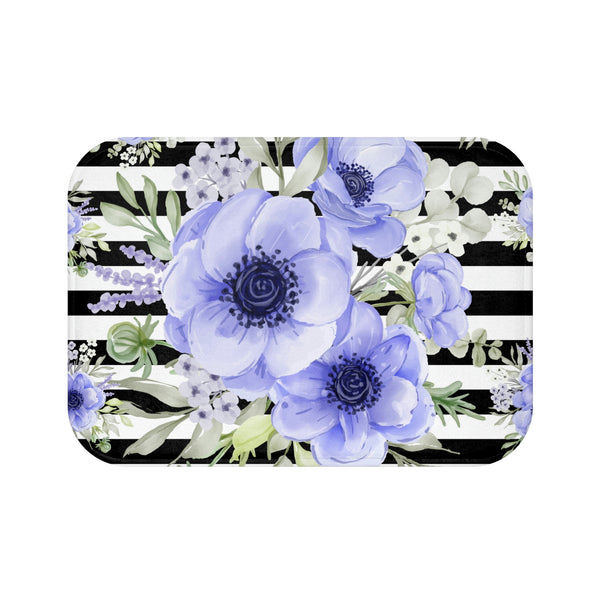 Bath Mat-Soft Blue Floral-Black Horizontal Stripes-White