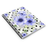 Small Spiral Notebook, 6x8in-Soft Blue Floral-Black Polka Dots-White