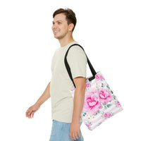 Tote Bag-Magenta Pink Floral-Pink Horizontal Stripes-White