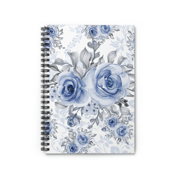 Small Spiral Notebook, 6x8in-Stormy Blue-Floral Stencil-White
