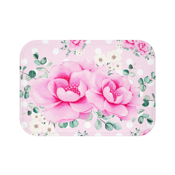 Bath Mat-Magenta Pink Floral-White Polka Dots-Pink