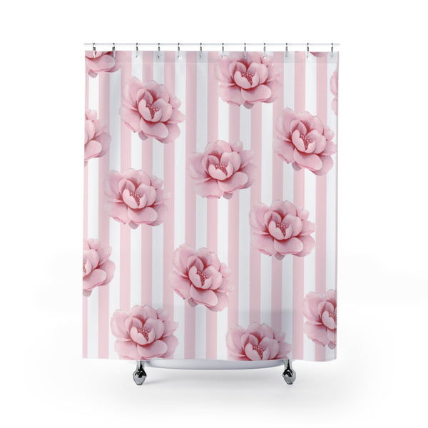 Shower Curtains-Pink Floral Pinstripes