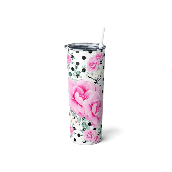Skinny Tumbler, 20oz-Magenta Pink Floral-Black Polka Dots-White