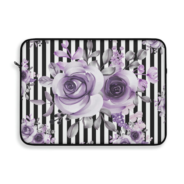 Laptop Sleeve-Soft Purple Floral-Black White Pinstripes